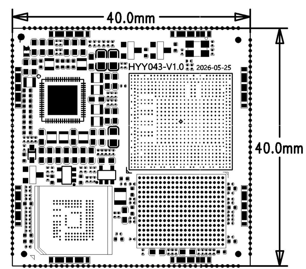 RK3576 核心板尺寸图，40mm × 40mm